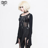 Punk Asymmetrically Broken Holes Spider Web Shape Chains Cotton Sexy Women T Shirt