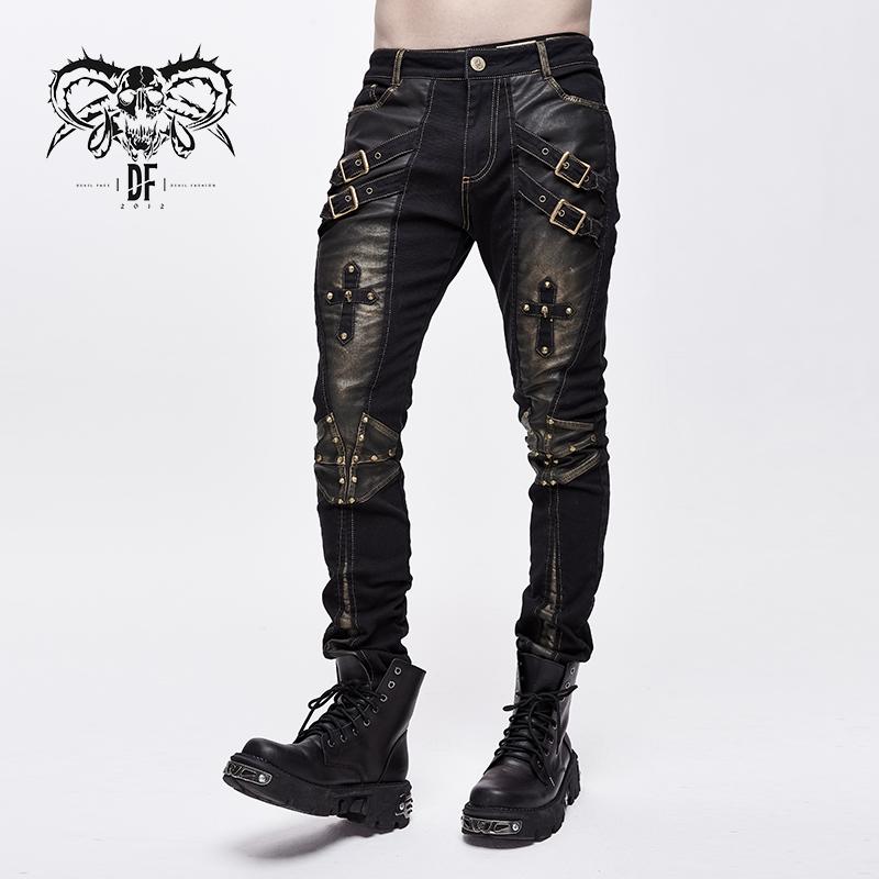 Steampunk Rock Bronze Fitted Leather Men Trousers With Cross