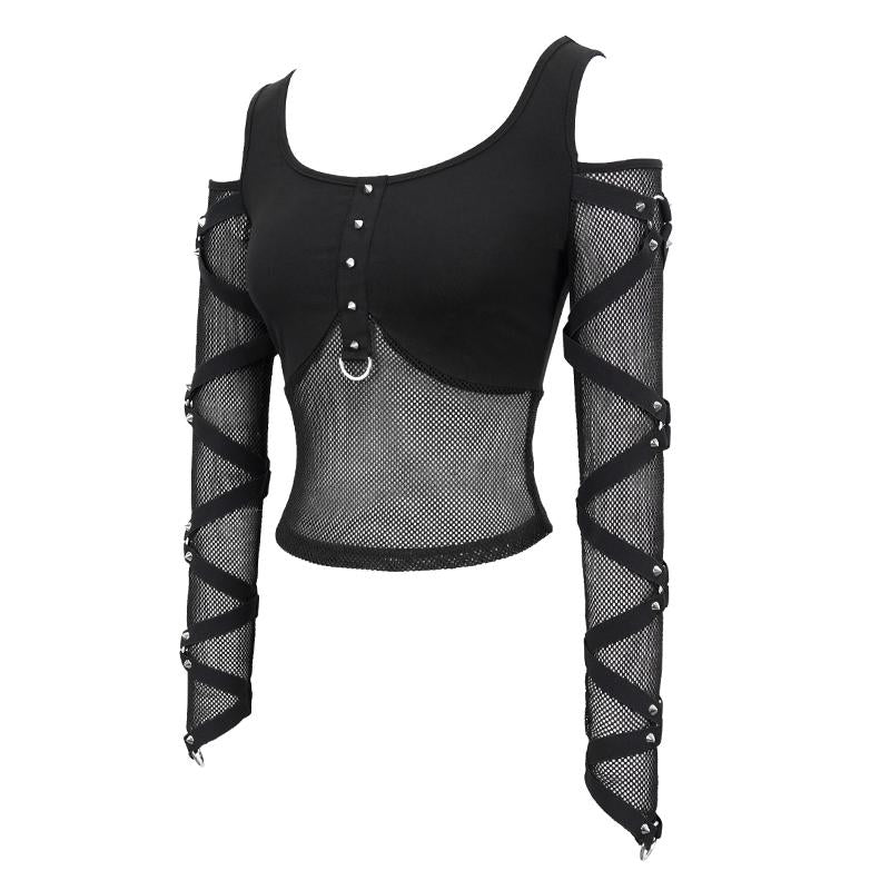 Mesh Spliced Off The Shoulder Sexy Women Punk Long Sleeves T Shirts