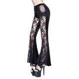 Transparent Rose Patterned Lace Velvet Stretchy Bell Bottom Pants With Flowers