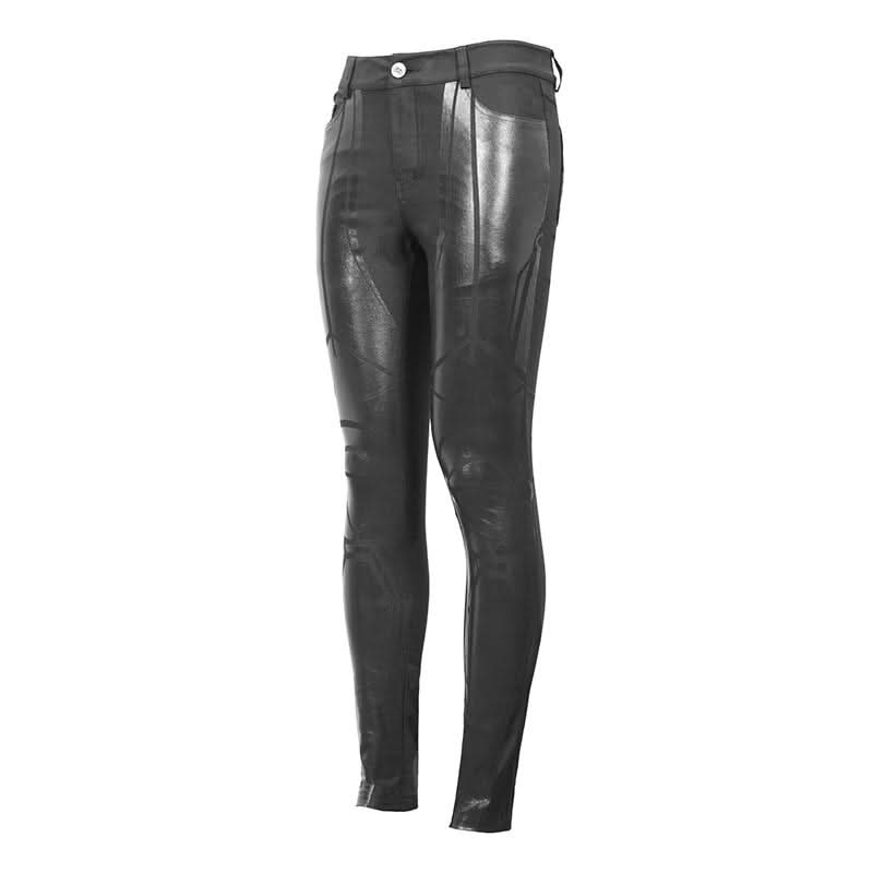 Robot Armor Gloss Printing Skinny Black Stretch Men Trousers