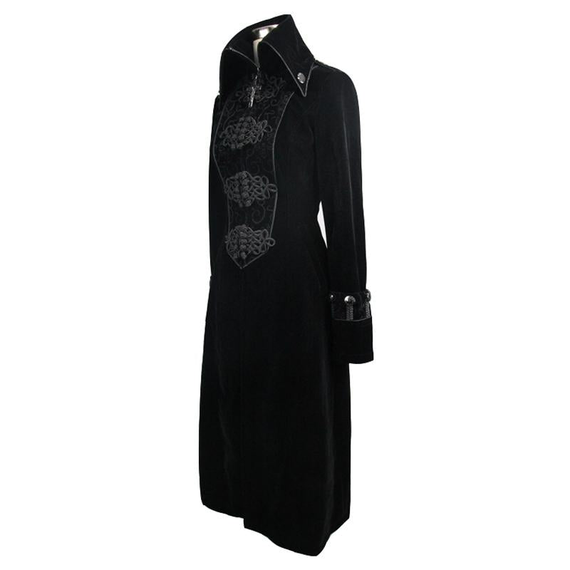 Gothic Black Patchwork Big Chinese Frog Velveteen Women Long Coat