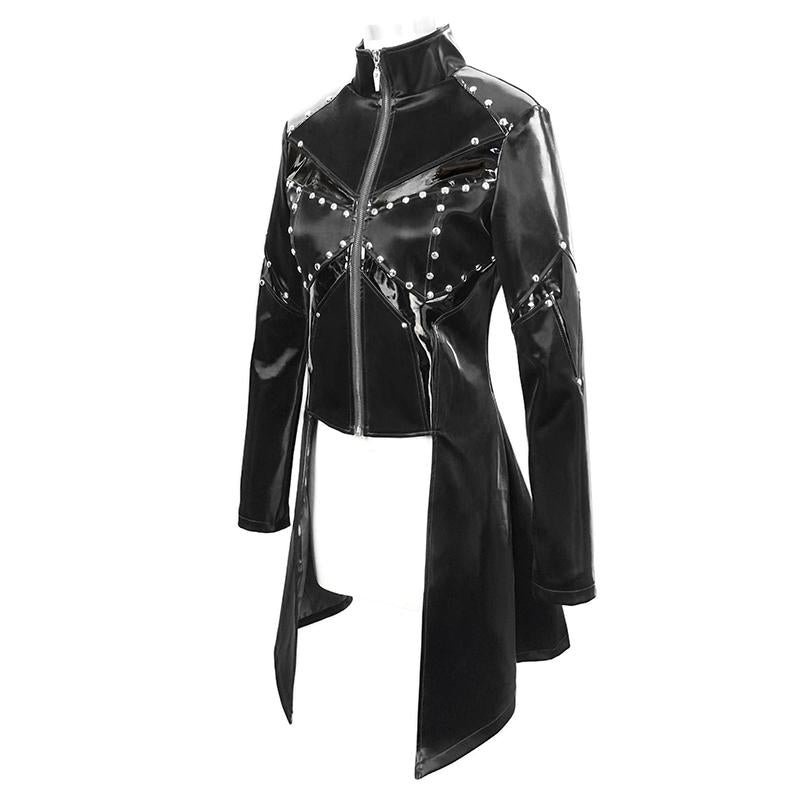 Cyber Punk Nailed Zipper Up Black Bright Leather Women Long Coat