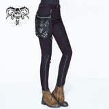 Steampunk Color Matching Distressed Sexy Women Skinny Pants With Leg Bag