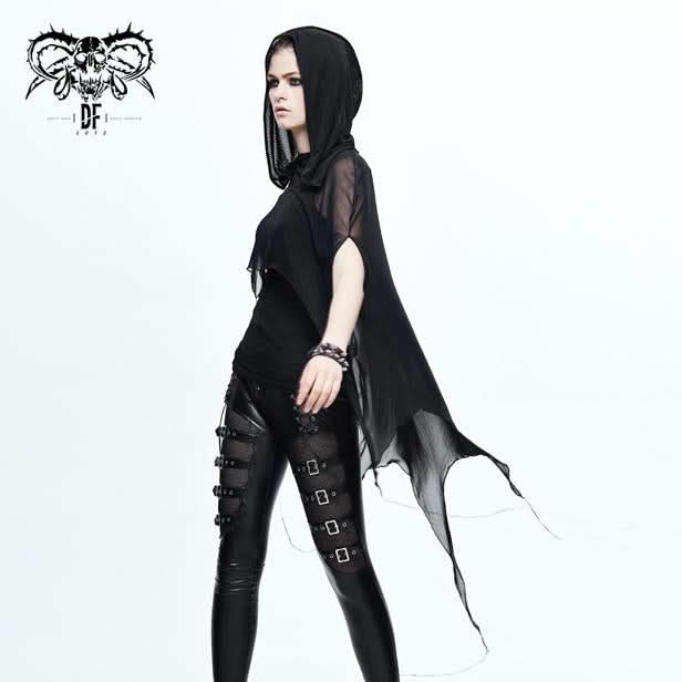 Ca008 Black Women Punk Hooded Mesh Bat Shawl