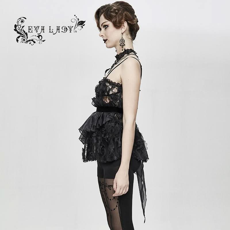 Asymmetric Embroidered Organza Hem Velvet Belt Sexy Women Lace Camisole